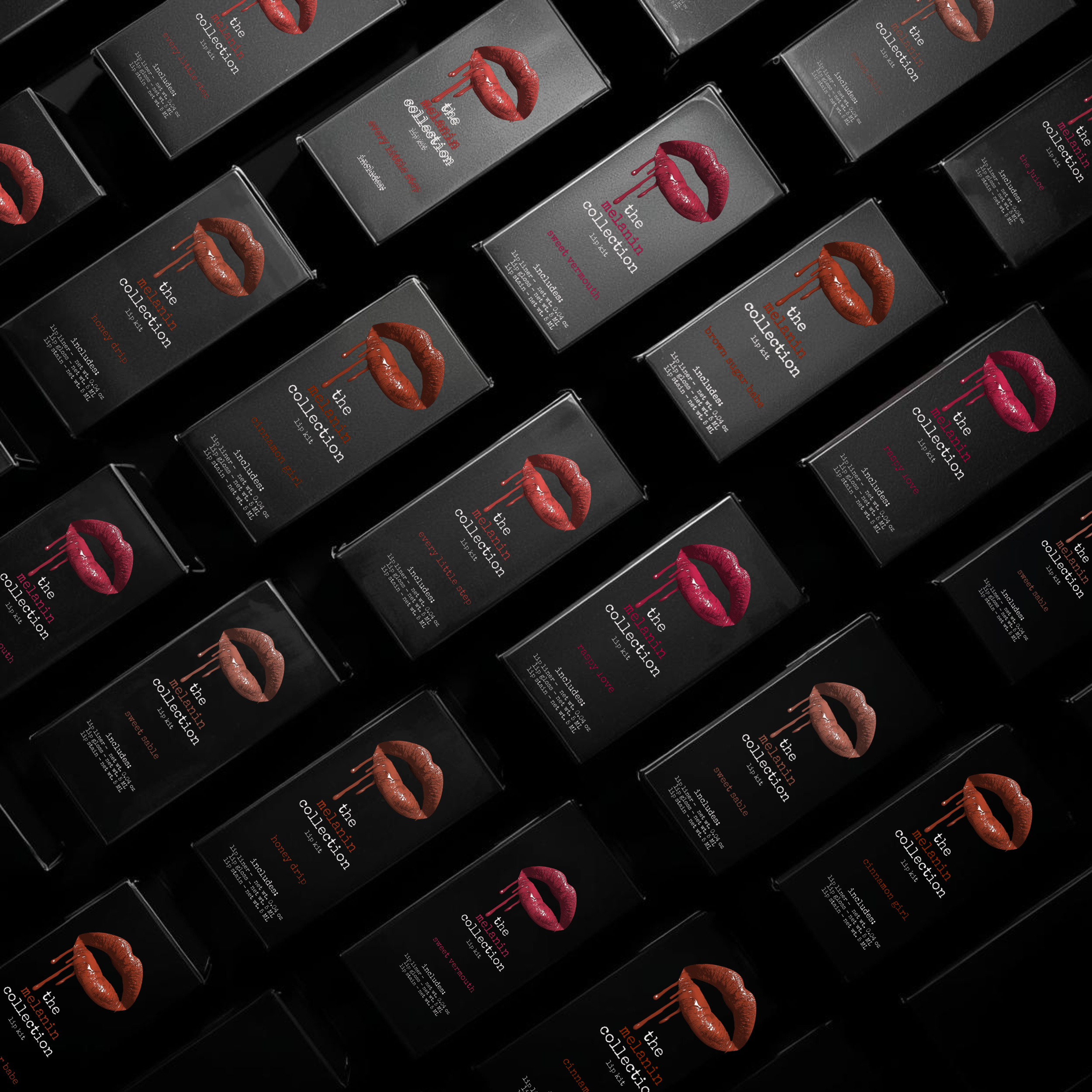 black cosmetic packaging boxes stacked on top of each other