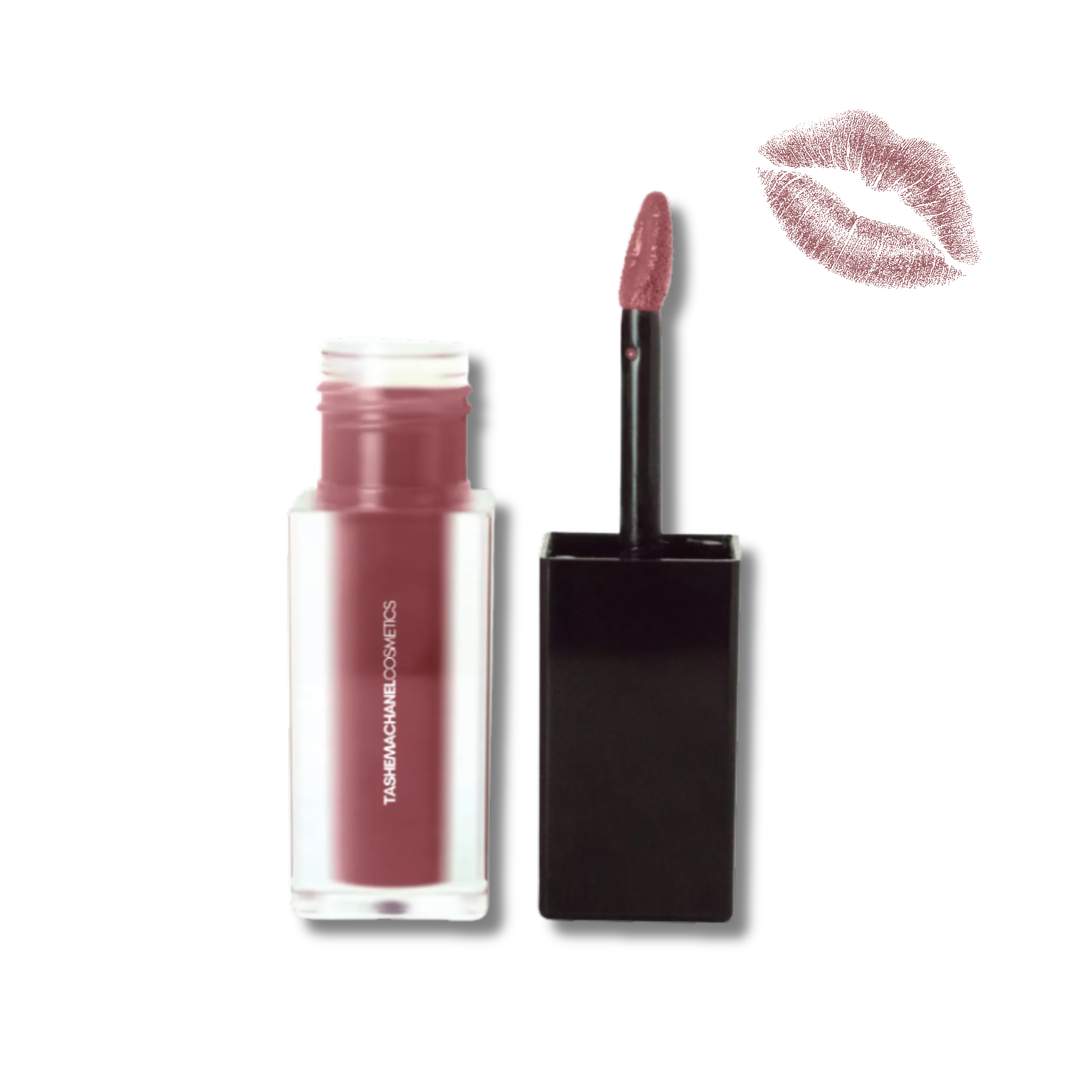 Lip stain with applicator and swatch on a white background