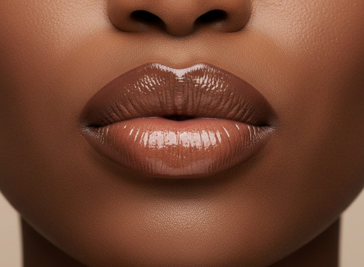 deeper skin tone, lips closed, pouted into a kiss, bold brown liner with brown lipstick and clear gloss, against a neutral background, no teeth visible, no smile, just confidence
