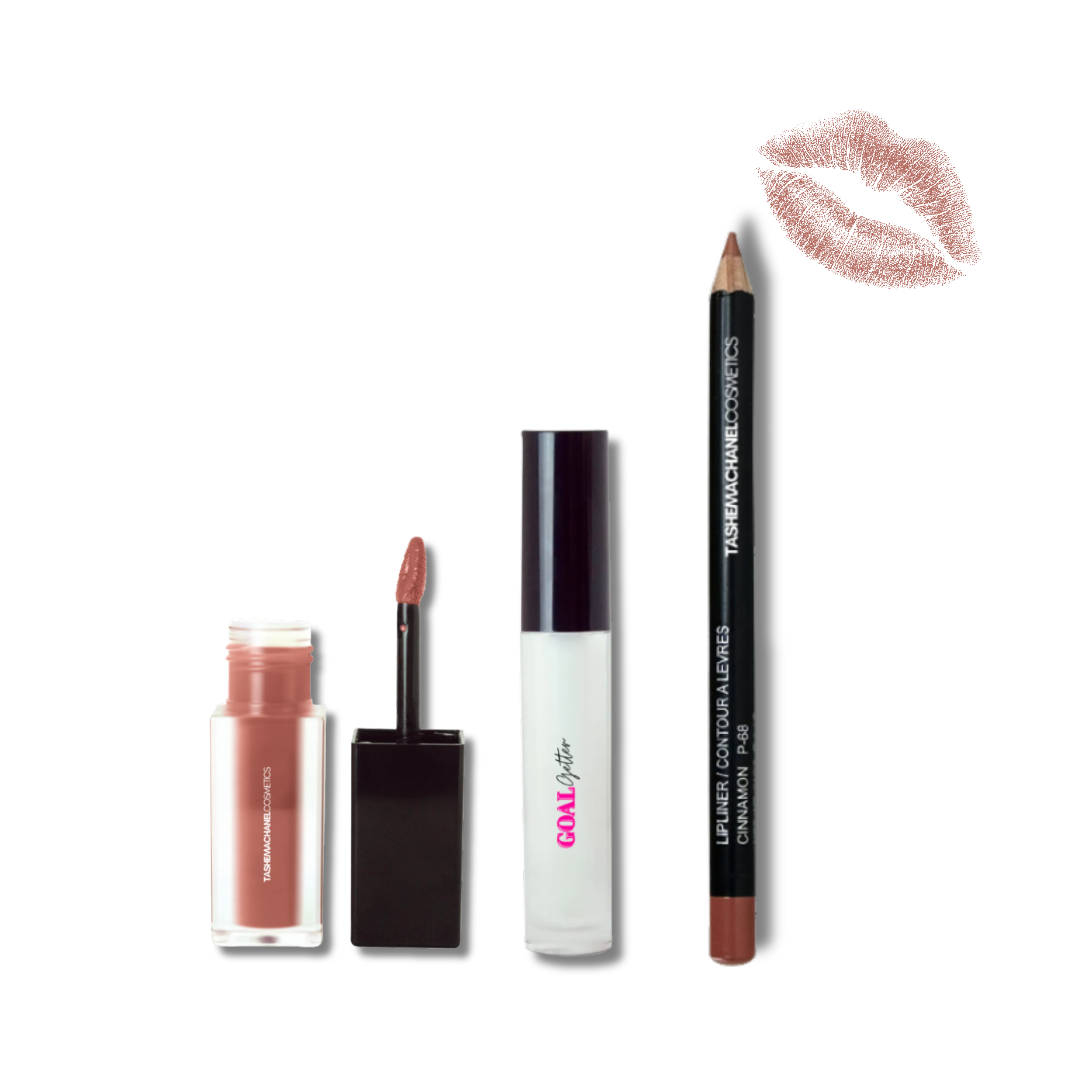 Lip makeup set with lip gloss, lip liner, and lip pencil on a white background