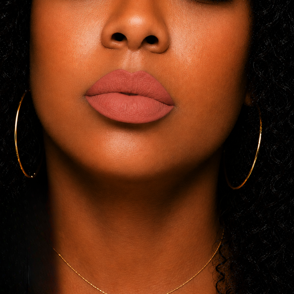 Close-up of a woman's face with a focus on her lips and earrings.