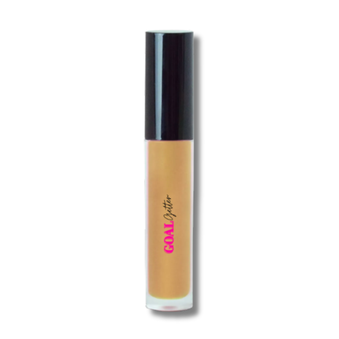 Cosmetic lip gloss with black cap and pink text on a white background