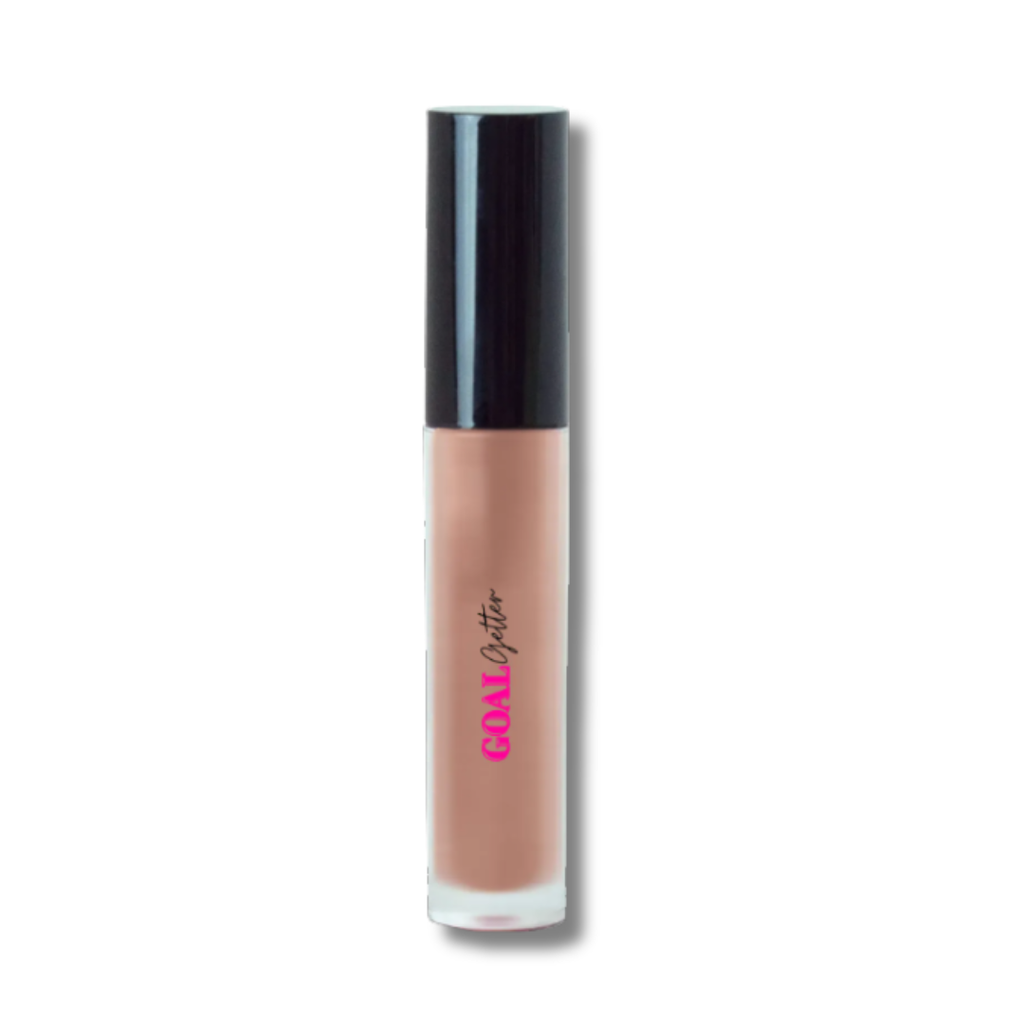 Lip gloss with black cap and pink text on a white background
