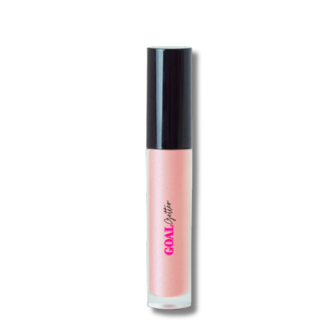 Lip gloss with black cap and pink body on a white background