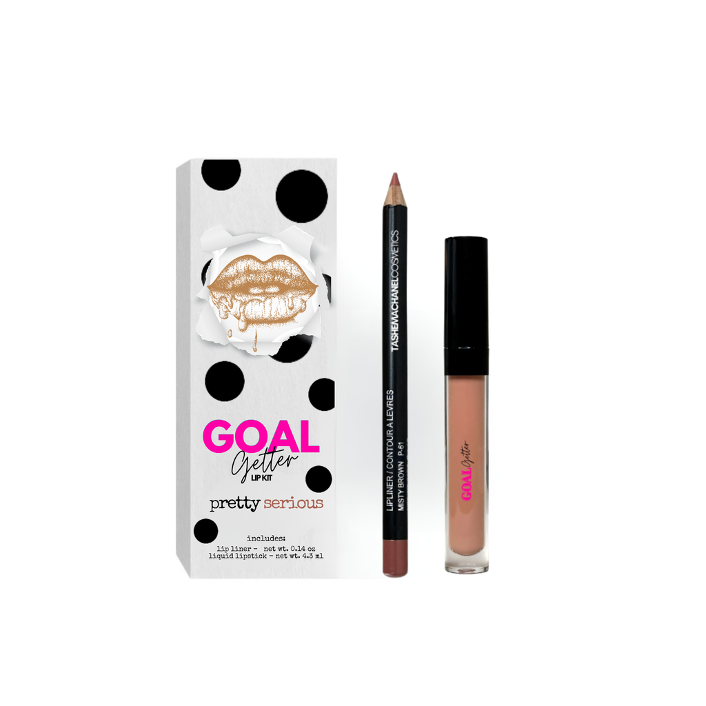 Pretty Serious lip product set with lip liner and liquid lipstick on a white background