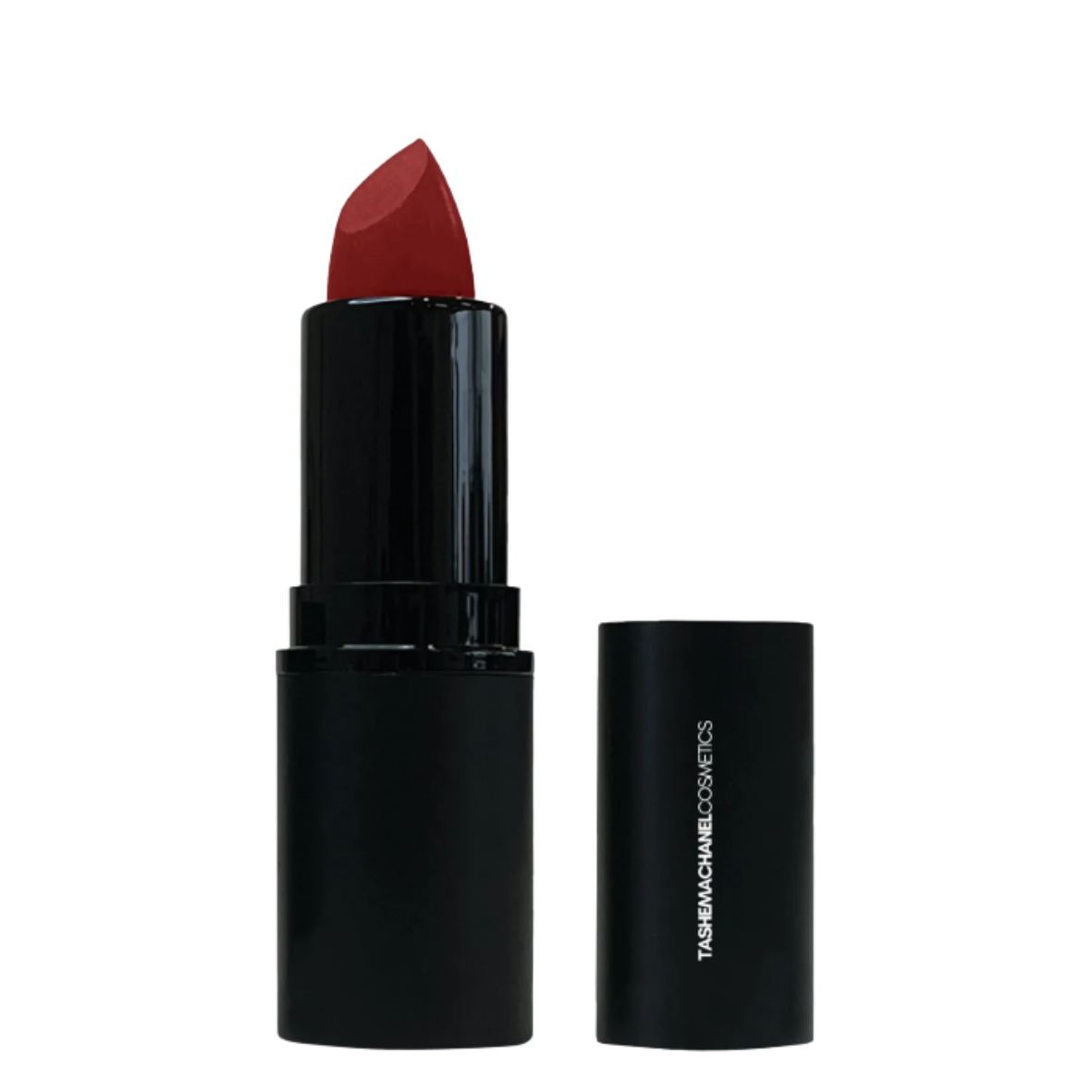 Black lipstick with red shade on a white background