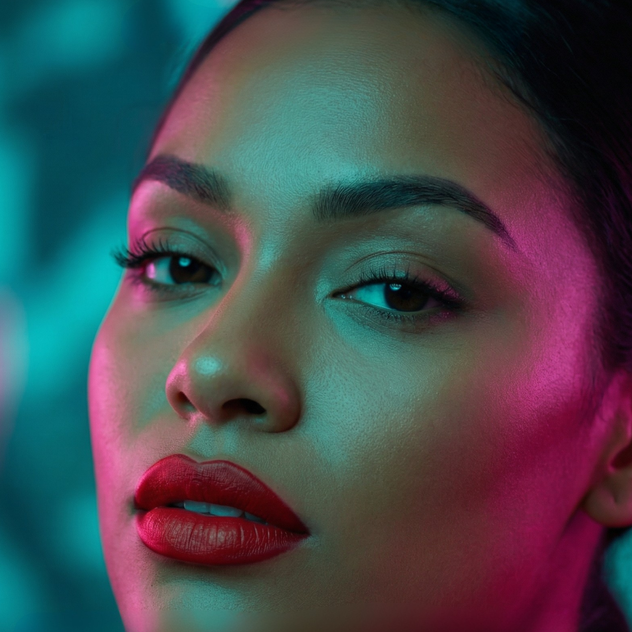 Close-up of a person with red lipstick against a colorful, blurred background