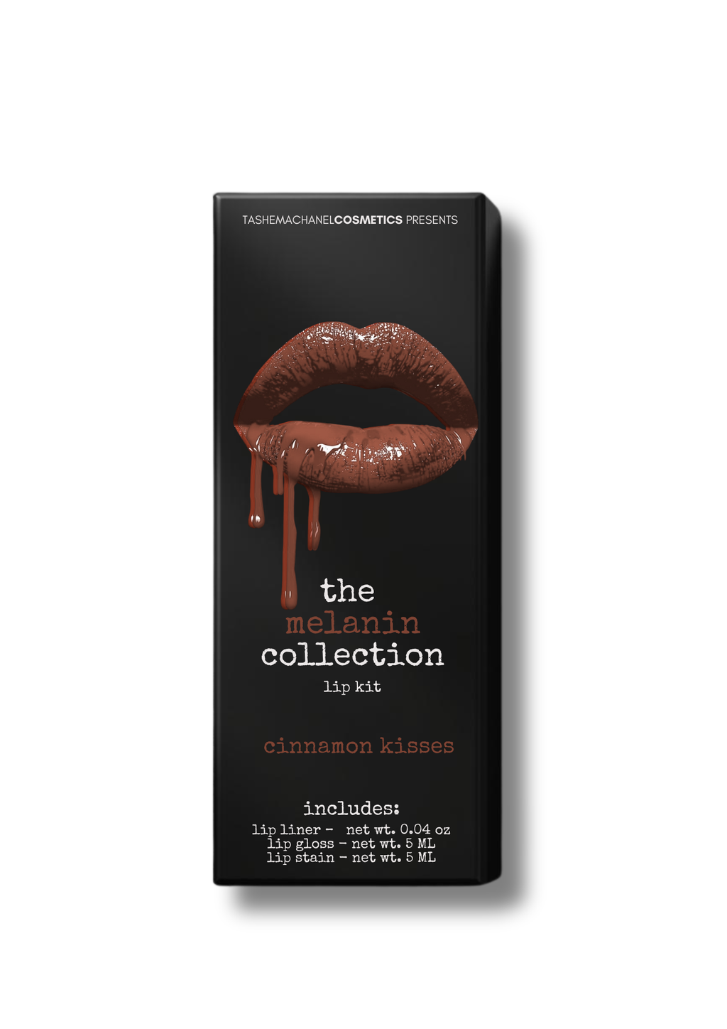 Lip kit packaging with a dark background and lip illustration, featuring the brand 'Tashema Chanel Cosmetics'.