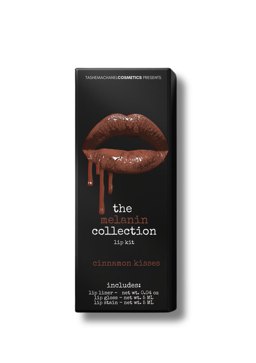 Lip kit packaging with a dark background and lip illustration, featuring the brand 'Tashema Chanel Cosmetics'.